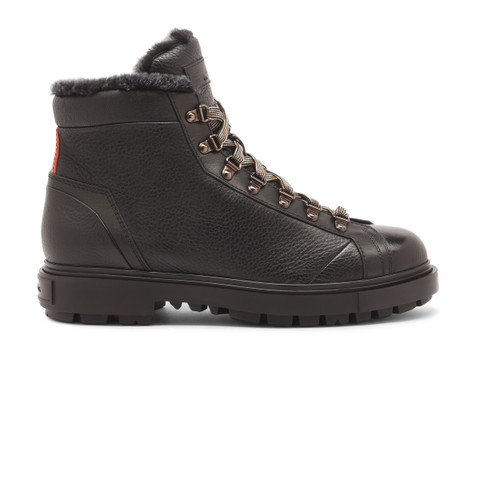 Men's black tumbled leather hiking boot with fur - Santoni - 1