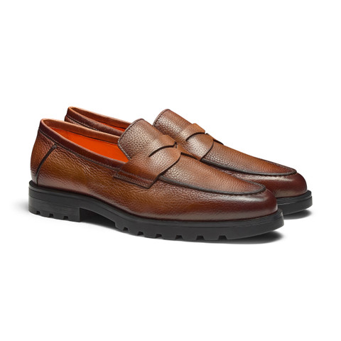 Men's brown tumbled leather penny loafer - Santoni - 3