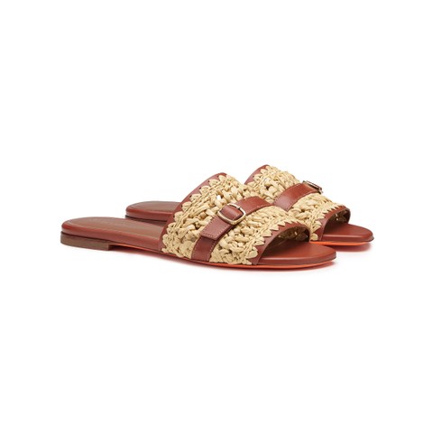 Women's brown leather and raffia slide sandal - Santoni - 2