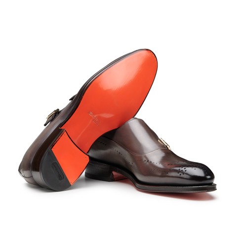 Men's brown leather double monk straps brogue shoe - Santoni - 4