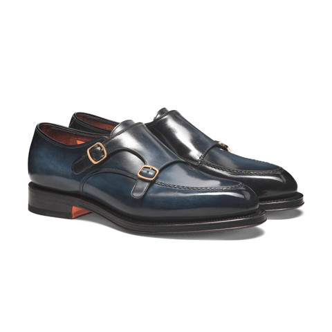 Men's blue leather double monk straps shoe - Santoni - 3