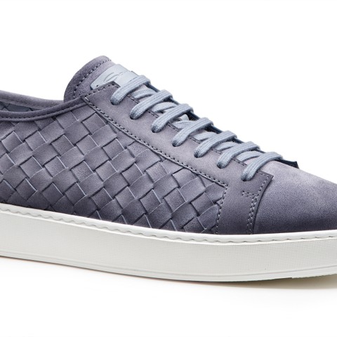 Men's light blue woven suede sneaker - Santoni - 5