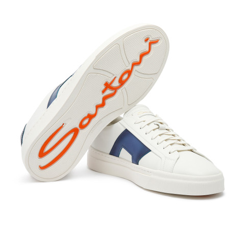 Men’s white and blue leather double buckle sneaker - Santoni - 4