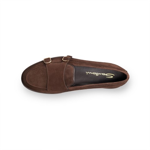 Women's dark brown suede double monk straps loafer - Santoni - 4