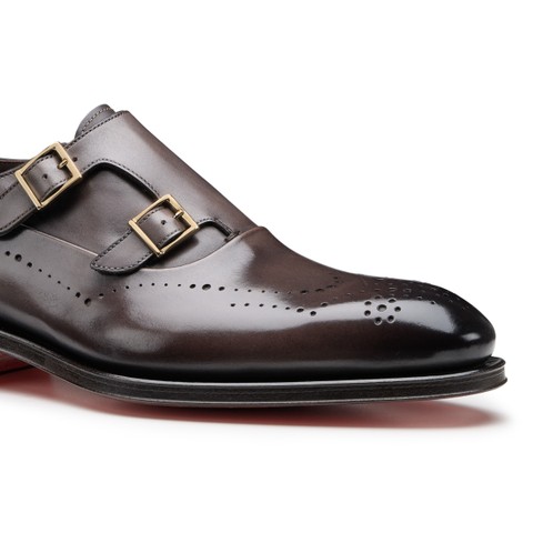 Men's brown leather double monk straps brogue shoe - Santoni - 6