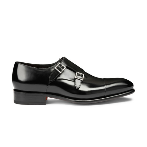 Men's polished black leather double-buckle shoe - Santoni - 1