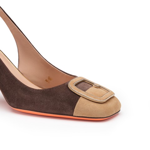 Women's dark brown and beige suede high-heel slingback - Santoni - 5