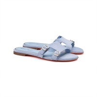 Women's light blue leather Didi slide sandal - Santoni - 2