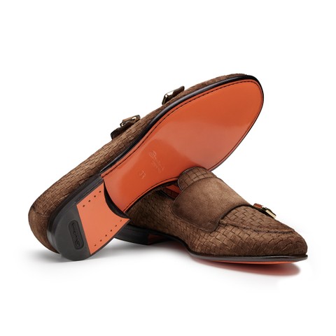 Men's blue woven suede double-monk loafer - Santoni - 4