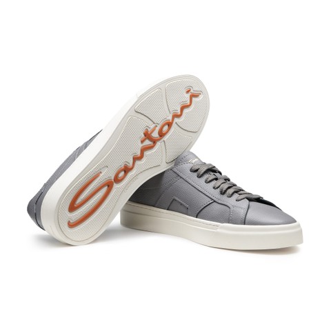 Men's grey tumbled leather Double Buckle Sneaker - Santoni - 4