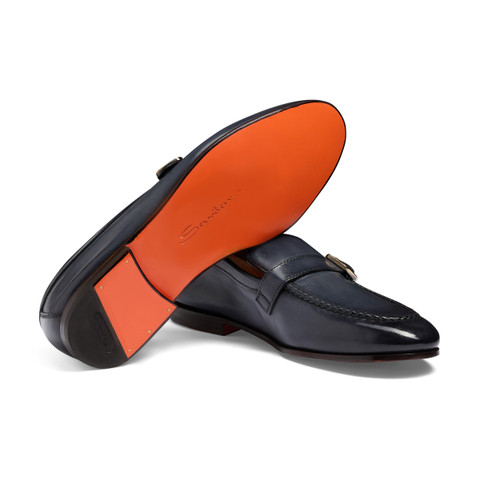 Men's blue leather single-buckle loafer - Santoni - 4