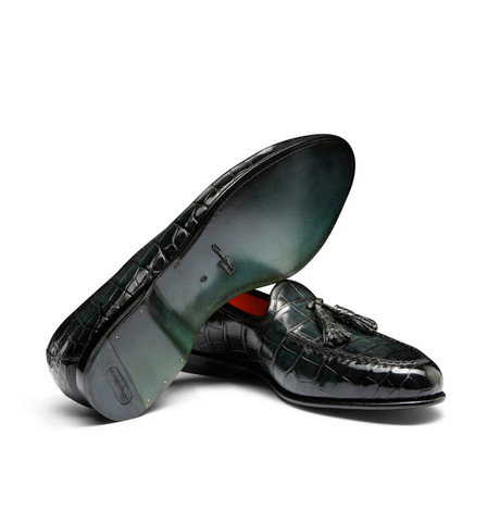 Mocasín Andrea de hombre con borlas en piel de aligátor verde - Santoni - 3