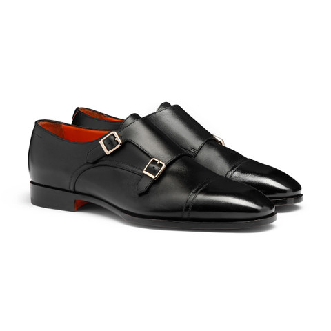 Men's black leather double monk straps shoe - Santoni - 3