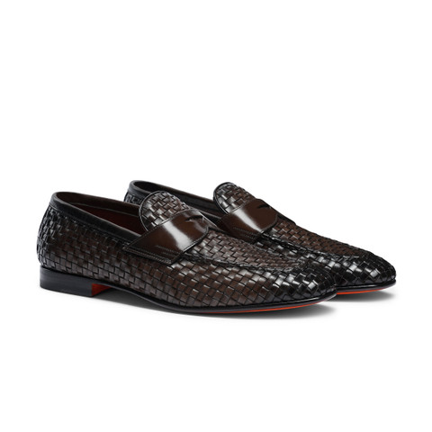 Men's brown woven leather loafer - Santoni - 3
