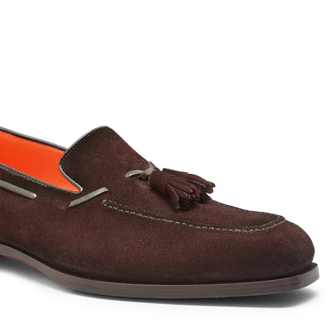 Men&rsquo;s dark brown suede and leather tassel loafer - Santoni - 6