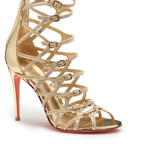 Women's gold leather and strass high-heel Crest Collection sandal - Santoni - 6