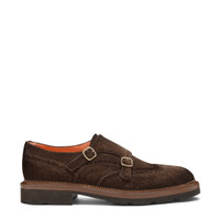Men's dark brown suede double-buckle brogue shoe - Santoni - 1