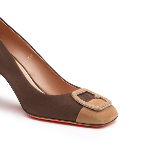 Women's dark brown and beige suede high-heel pump - Santoni - 5