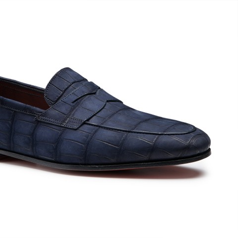 Men's blue alligator nubuck penny loafer - Santoni - 5