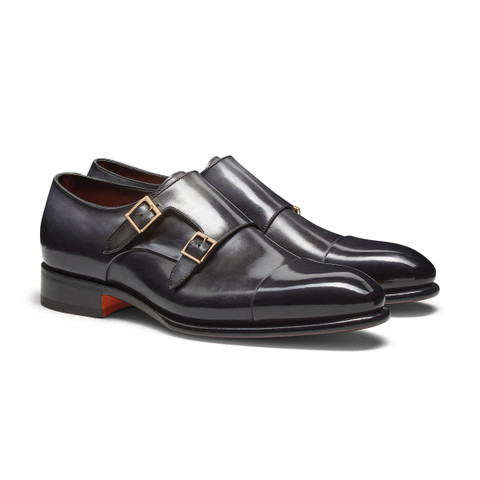 Men's grey leather double-buckle shoe - Santoni - 2