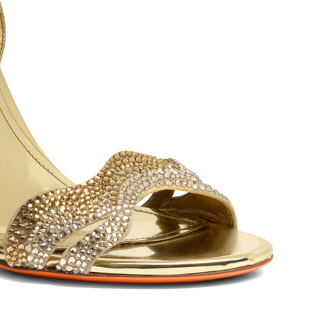Women's gold laminated leather and crystals high-heel sandal - Santoni - 6