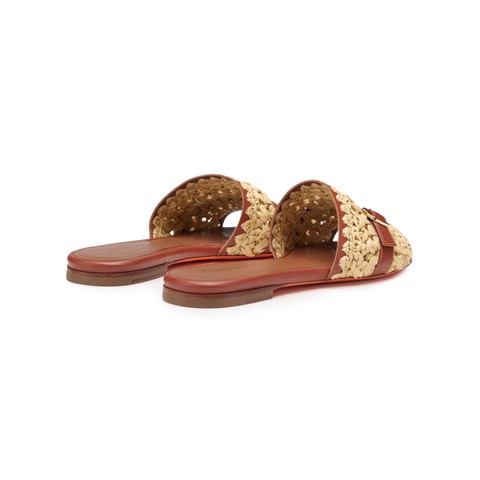 Women's brown leather and raffia slide sandal - Santoni - 3
