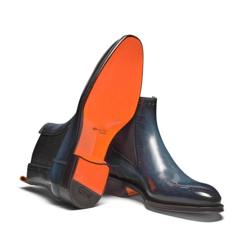 Blaue Chelsea-Boots für Herren aus Leder mit Brogue-Lochverzierung - Santoni - 4