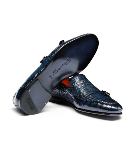 Men's blue alligator leather double monk straps loafer - Santoni - 3