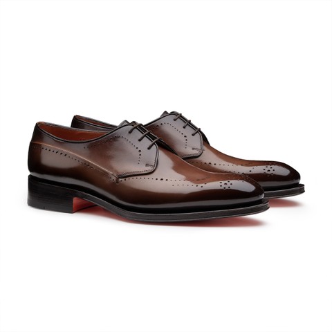 Stringata Derby brogue da uomo in pelle marrone - Santoni - 3