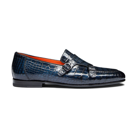 Men's blue alligator leather double monk straps loafer - Santoni - 1