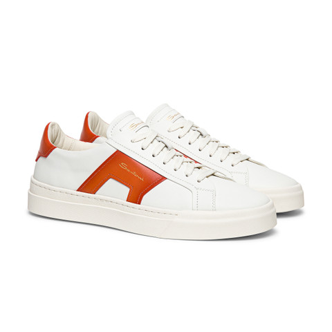 Men’s white and orange leather double buckle sneaker - Santoni - 3