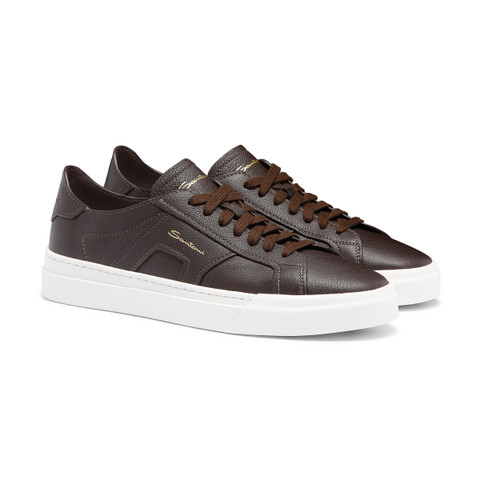 Men's dark brown tumbled leather Double Buckle Sneaker - Santoni - 3