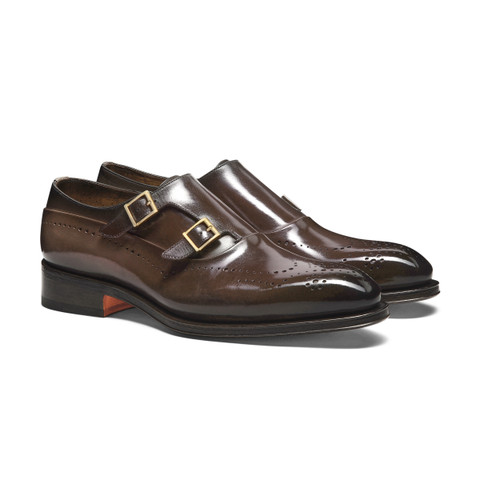 Men's brown leather double-buckle brogue shoe - Santoni - 3