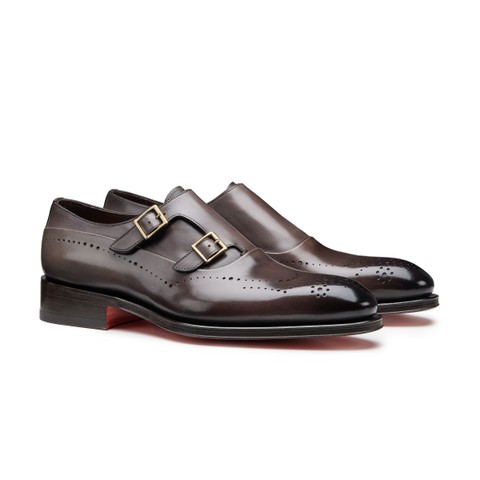 Men's brown leather double monk straps brogue shoe - Santoni - 3