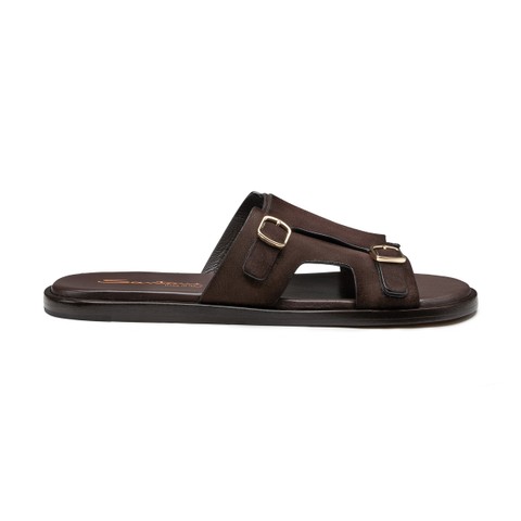 Men's dark brown suede double-buckle sandal - Santoni - 1