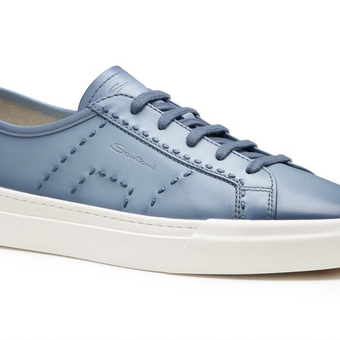 Men's light blue leather Double Buckle Sneaker - Santoni - 5