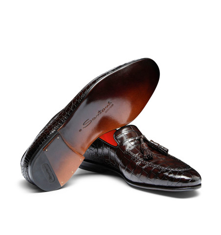 Mocassin avec glands en alligator brun foncé pour homme - Santoni - 3