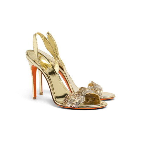 Women's gold laminated leather and crystals high-heel sandal - Santoni - 3