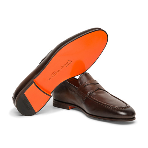 Men&rsquo;s polished brown leather penny loafer - Santoni - 3