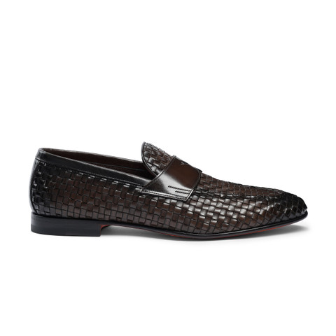 Men's brown woven leather loafer - Santoni - 1