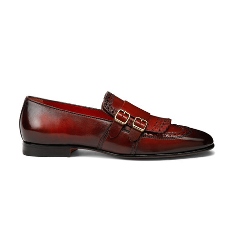 Shop Santoni Men's Red Leather Double-buckle Loafer With Fringe