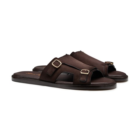 Men's dark brown suede double-buckle sandal | Santoni US
