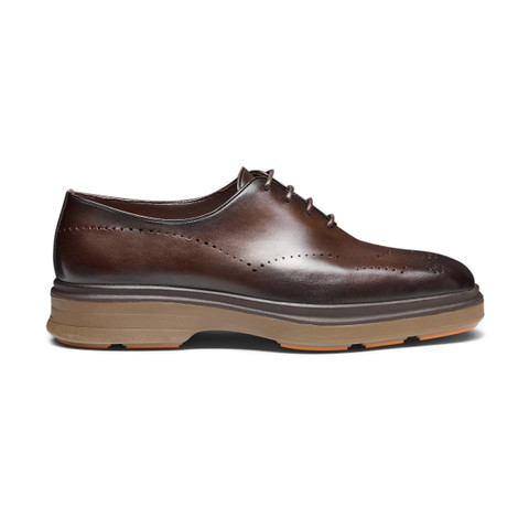 Men's dark brown leather Easy Nova brogue Oxford shoe | Santoni Shoes