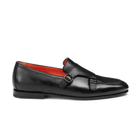 Men's polished black leather double-buckle loafer | Santoni Shoes