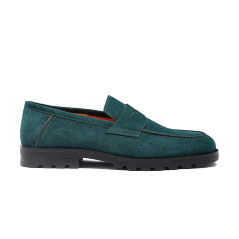 Shop Santoni Men's Dark Green Suede Penny Loafer