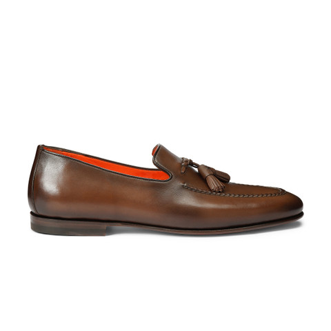 Men's polished brown leather tassel loafer | Santoni Shoes