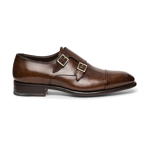 Men's polished blue leather double monk straps shoe | Santoni US