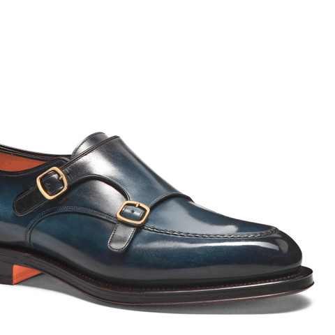Men's blue leather double monk straps shoe | Santoni US