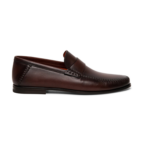 Men's polished brown leather penny loafer | Santoni Shoes