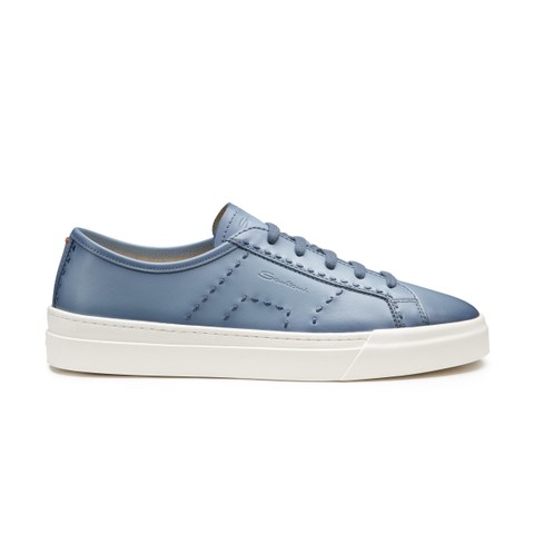 Men's light blue leather Double Buckle Sneaker | Santoni Shoes